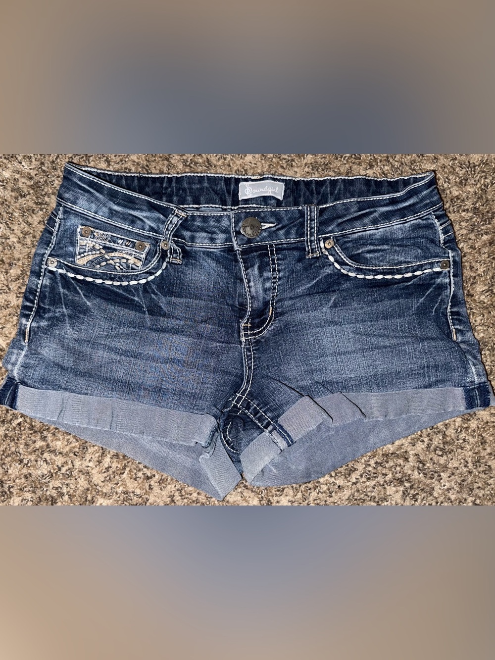 Soundgirl Dark Blue Denim Embroidered Cuffed Shorts